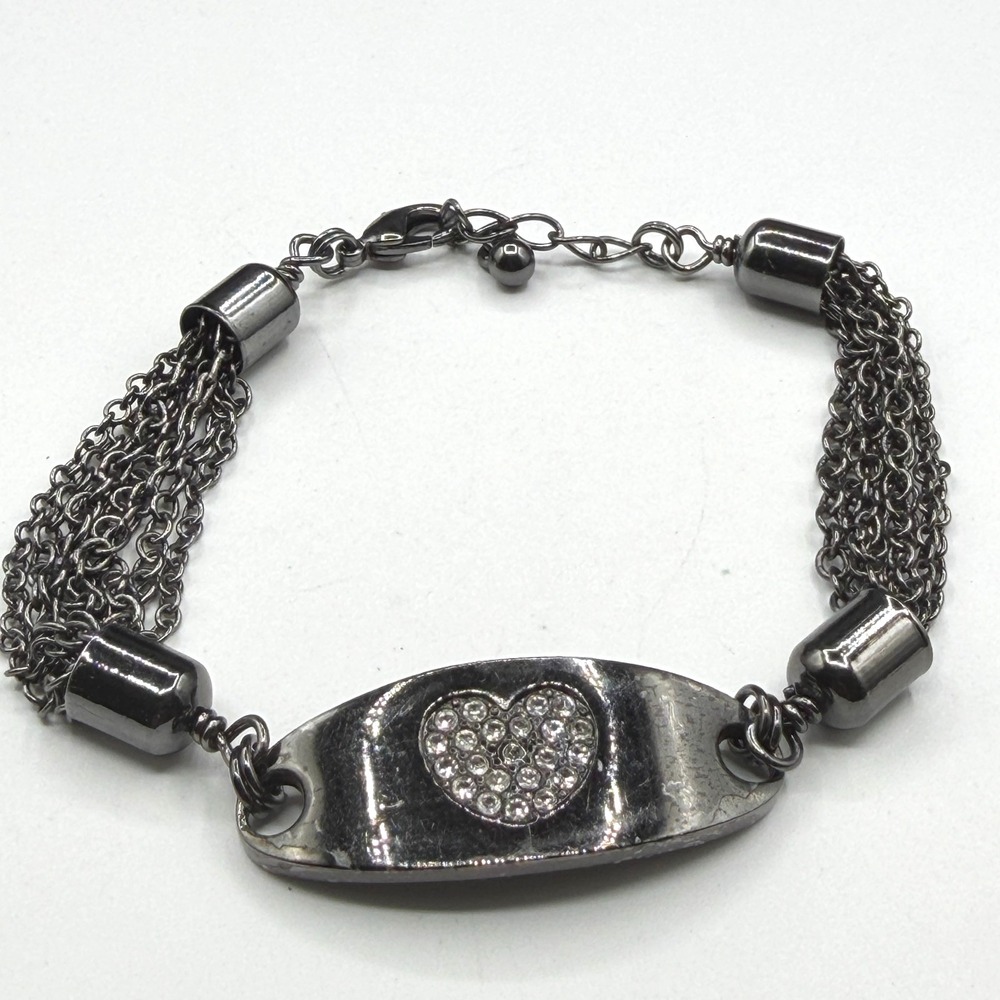 Rhinestone Heart Silver Tone Multi Strand Chain Bracelet Romantic Y2K Love Gift